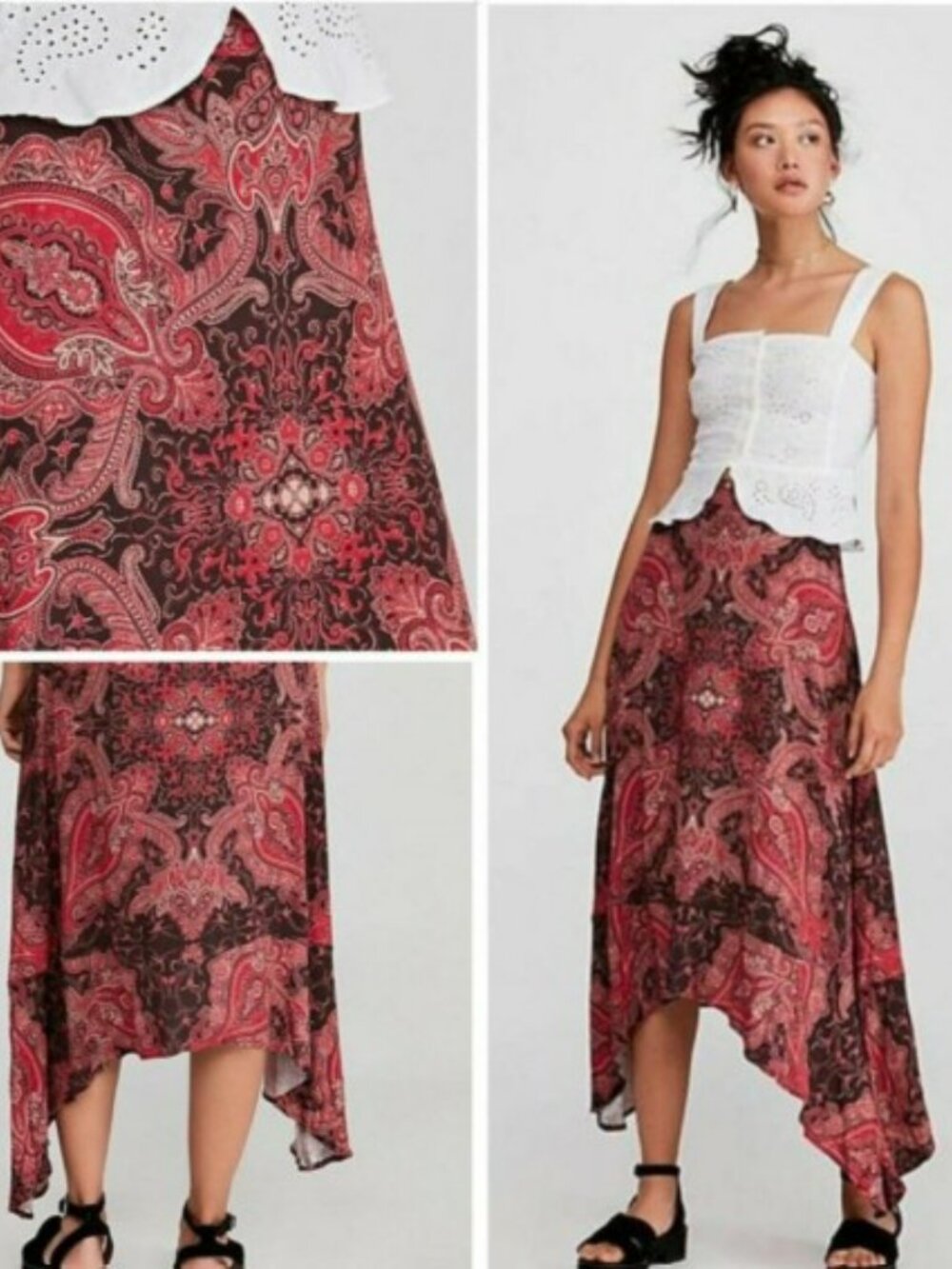 Free People At The Shore Handkerchief hem midi skirt GUC sz 4 Black Pink/Plum